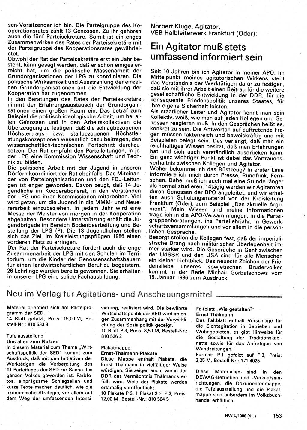 Neuer Weg (NW), Organ des Zentralkomitees (ZK) der SED (Sozialistische Einheitspartei Deutschlands) für Fragen des Parteilebens, 41. Jahrgang [Deutsche Demokratische Republik (DDR)] 1986, Seite 153 (NW ZK SED DDR 1986, S. 153)