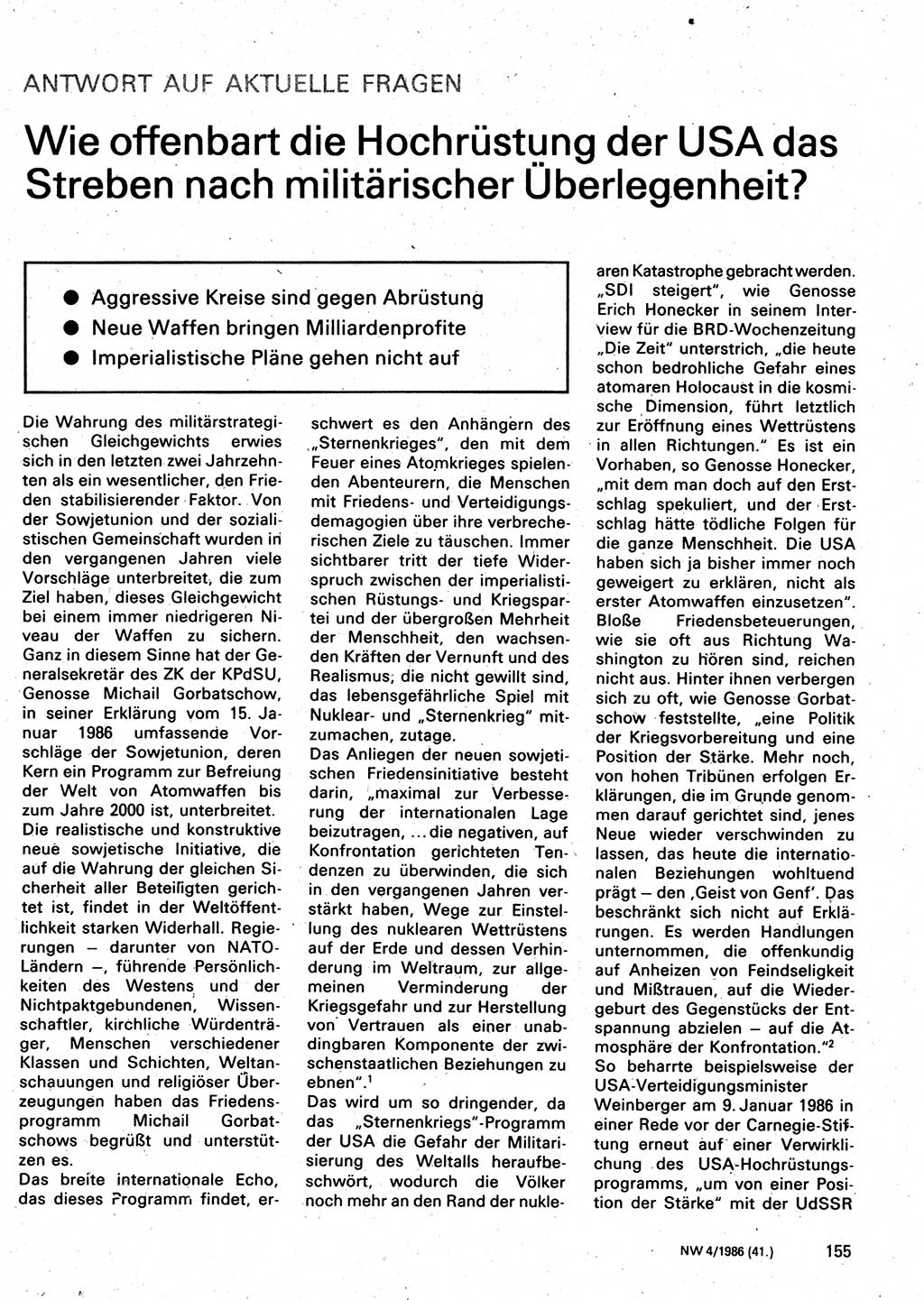 Neuer Weg (NW), Organ des Zentralkomitees (ZK) der SED (Sozialistische Einheitspartei Deutschlands) für Fragen des Parteilebens, 41. Jahrgang [Deutsche Demokratische Republik (DDR)] 1986, Seite 155 (NW ZK SED DDR 1986, S. 155)