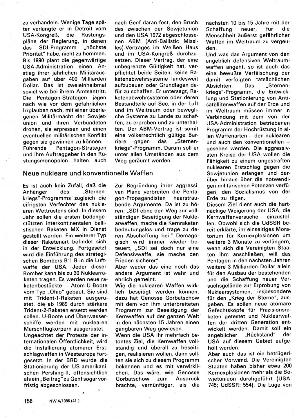 Neuer Weg (NW), Organ des Zentralkomitees (ZK) der SED (Sozialistische Einheitspartei Deutschlands) für Fragen des Parteilebens, 41. Jahrgang [Deutsche Demokratische Republik (DDR)] 1986, Seite 156 (NW ZK SED DDR 1986, S. 156)