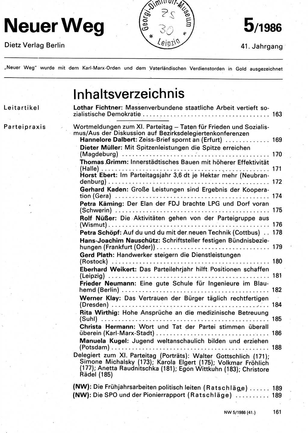 Neuer Weg (NW), Organ des Zentralkomitees (ZK) der SED (Sozialistische Einheitspartei Deutschlands) für Fragen des Parteilebens, 41. Jahrgang [Deutsche Demokratische Republik (DDR)] 1986, Seite 161 (NW ZK SED DDR 1986, S. 161)