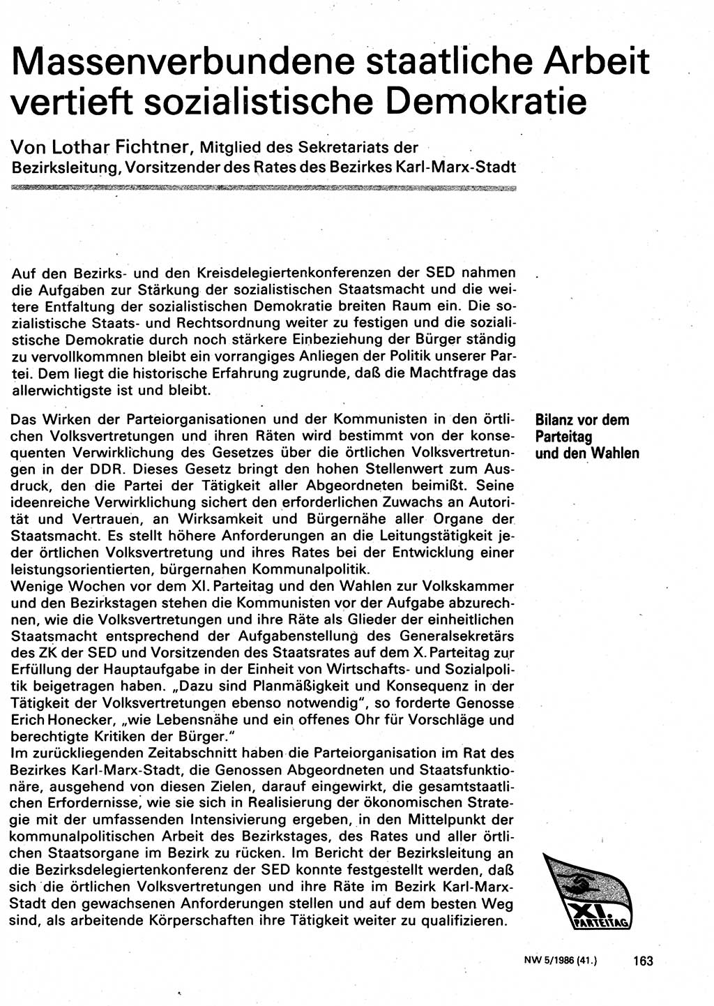 Neuer Weg (NW), Organ des Zentralkomitees (ZK) der SED (Sozialistische Einheitspartei Deutschlands) für Fragen des Parteilebens, 41. Jahrgang [Deutsche Demokratische Republik (DDR)] 1986, Seite 163 (NW ZK SED DDR 1986, S. 163)