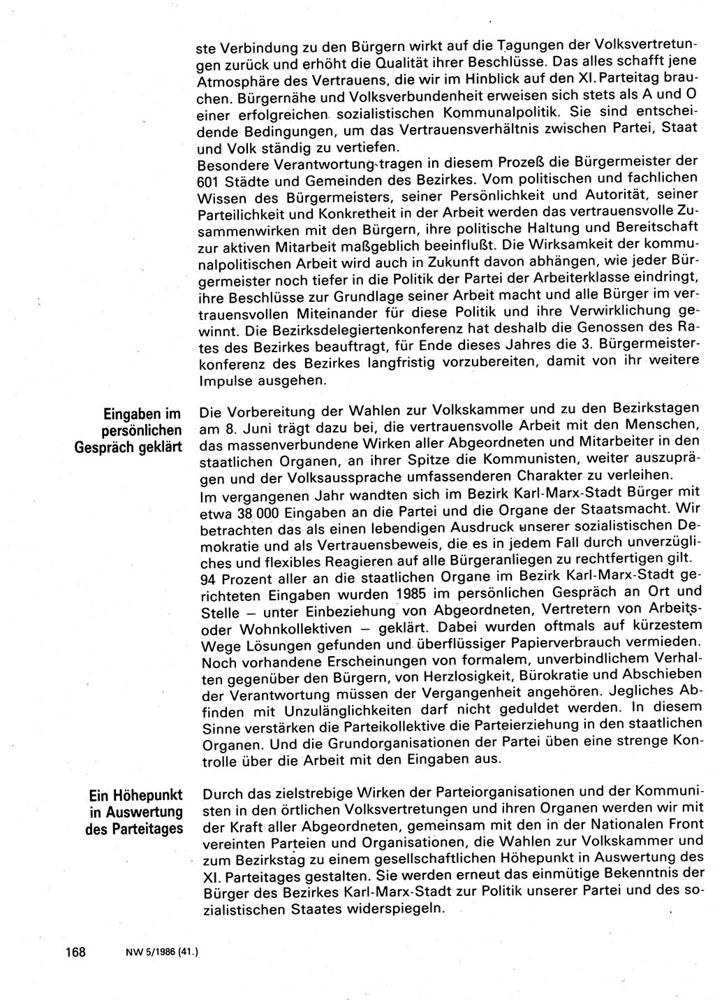 Neuer Weg (NW), Organ des Zentralkomitees (ZK) der SED (Sozialistische Einheitspartei Deutschlands) für Fragen des Parteilebens, 41. Jahrgang [Deutsche Demokratische Republik (DDR)] 1986, Seite 168 (NW ZK SED DDR 1986, S. 168)