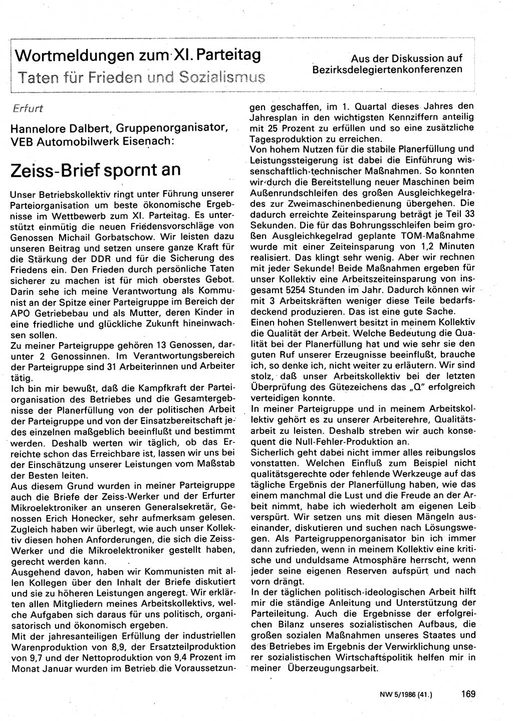 Neuer Weg (NW), Organ des Zentralkomitees (ZK) der SED (Sozialistische Einheitspartei Deutschlands) für Fragen des Parteilebens, 41. Jahrgang [Deutsche Demokratische Republik (DDR)] 1986, Seite 169 (NW ZK SED DDR 1986, S. 169)