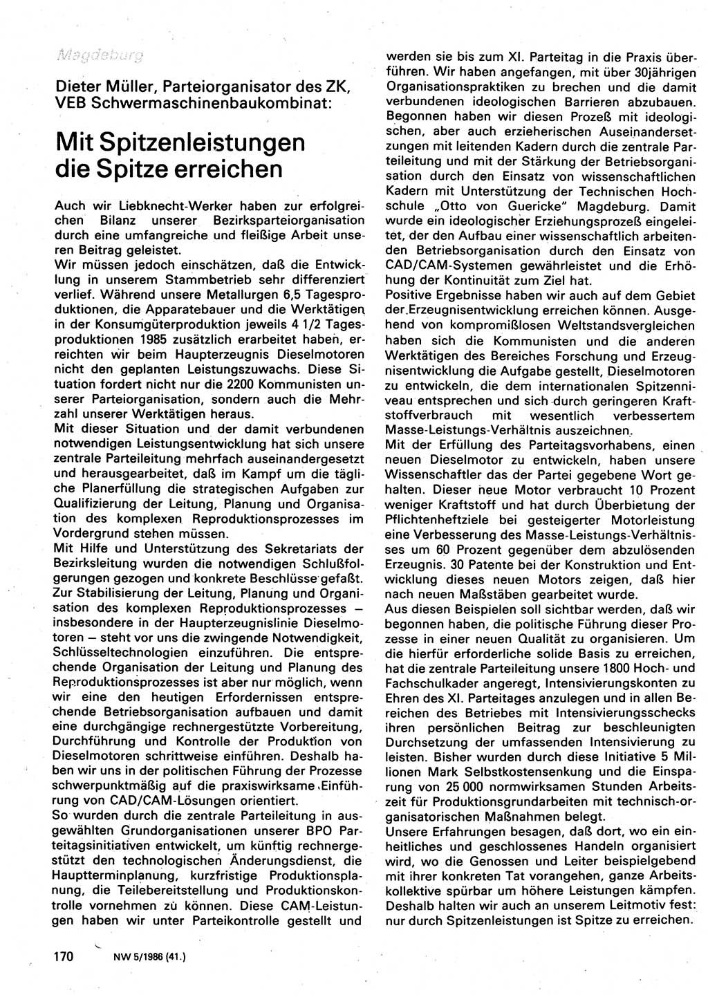 Neuer Weg (NW), Organ des Zentralkomitees (ZK) der SED (Sozialistische Einheitspartei Deutschlands) für Fragen des Parteilebens, 41. Jahrgang [Deutsche Demokratische Republik (DDR)] 1986, Seite 170 (NW ZK SED DDR 1986, S. 170)