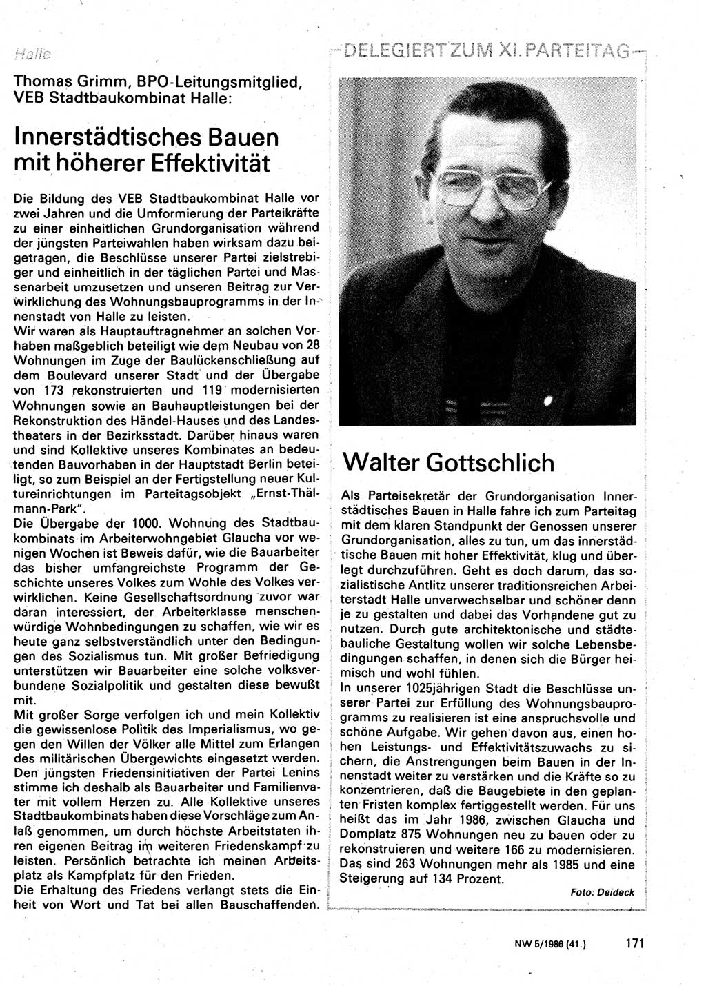 Neuer Weg (NW), Organ des Zentralkomitees (ZK) der SED (Sozialistische Einheitspartei Deutschlands) für Fragen des Parteilebens, 41. Jahrgang [Deutsche Demokratische Republik (DDR)] 1986, Seite 171 (NW ZK SED DDR 1986, S. 171)