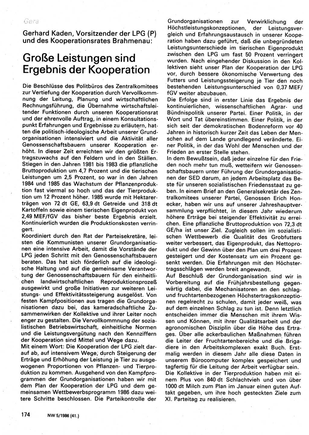 Neuer Weg (NW), Organ des Zentralkomitees (ZK) der SED (Sozialistische Einheitspartei Deutschlands) für Fragen des Parteilebens, 41. Jahrgang [Deutsche Demokratische Republik (DDR)] 1986, Seite 174 (NW ZK SED DDR 1986, S. 174)