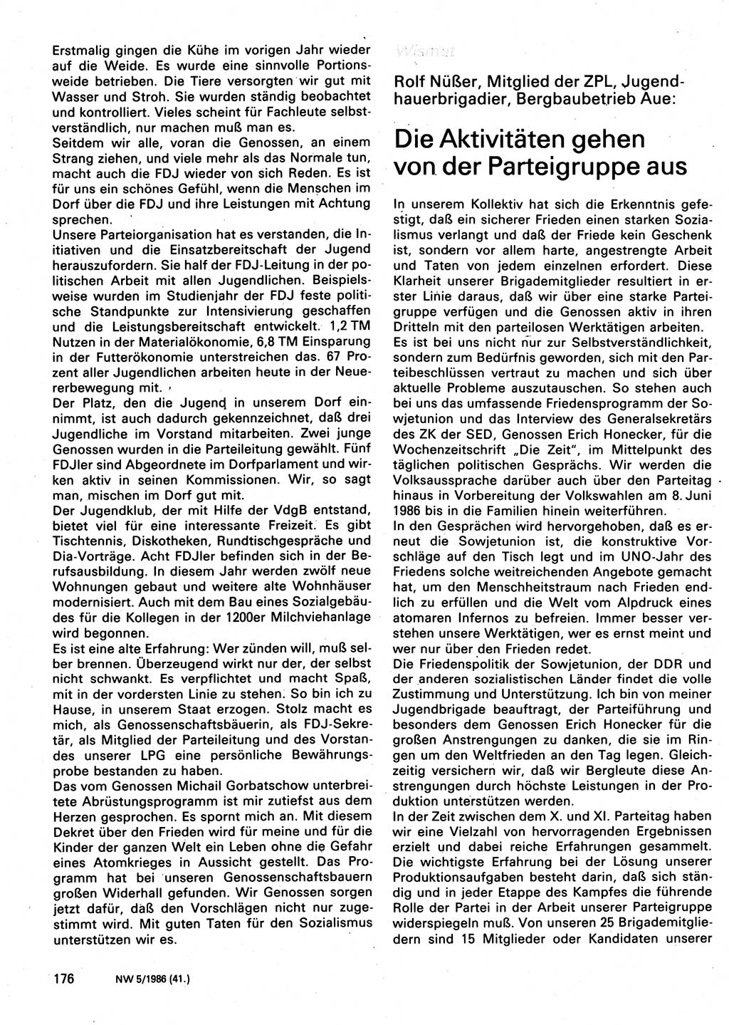 Neuer Weg (NW), Organ des Zentralkomitees (ZK) der SED (Sozialistische Einheitspartei Deutschlands) für Fragen des Parteilebens, 41. Jahrgang [Deutsche Demokratische Republik (DDR)] 1986, Seite 176 (NW ZK SED DDR 1986, S. 176)
