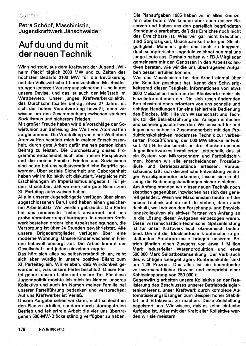 Neuer Weg (NW), Organ des Zentralkomitees (ZK) der SED (Sozialistische Einheitspartei Deutschlands) für Fragen des Parteilebens, 41. Jahrgang [Deutsche Demokratische Republik (DDR)] 1986, Seite 178 (NW ZK SED DDR 1986, S. 178)
