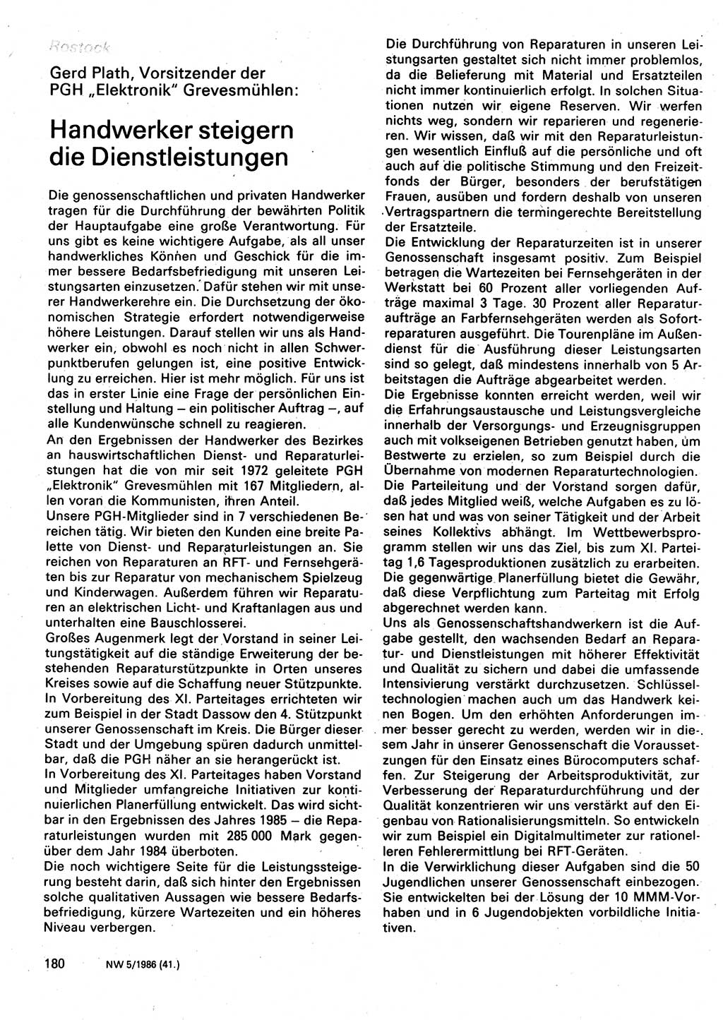 Neuer Weg (NW), Organ des Zentralkomitees (ZK) der SED (Sozialistische Einheitspartei Deutschlands) für Fragen des Parteilebens, 41. Jahrgang [Deutsche Demokratische Republik (DDR)] 1986, Seite 180 (NW ZK SED DDR 1986, S. 180)