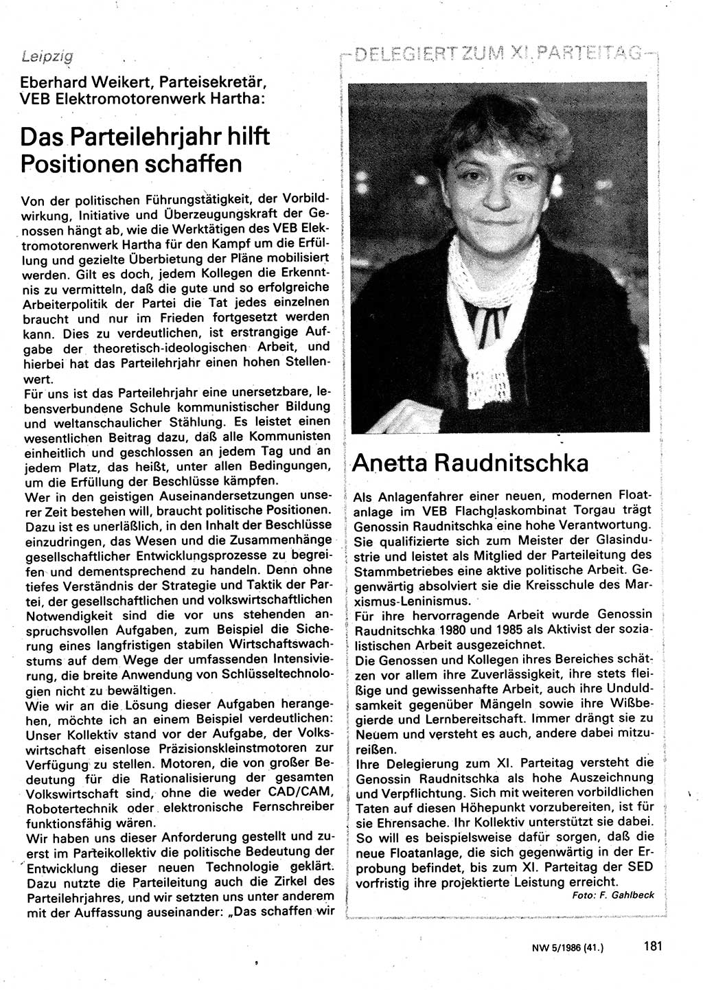 Neuer Weg (NW), Organ des Zentralkomitees (ZK) der SED (Sozialistische Einheitspartei Deutschlands) für Fragen des Parteilebens, 41. Jahrgang [Deutsche Demokratische Republik (DDR)] 1986, Seite 181 (NW ZK SED DDR 1986, S. 181)