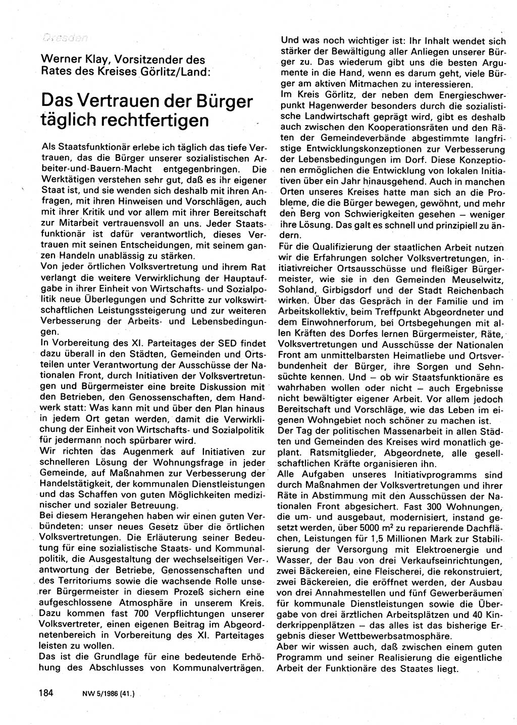 Neuer Weg (NW), Organ des Zentralkomitees (ZK) der SED (Sozialistische Einheitspartei Deutschlands) für Fragen des Parteilebens, 41. Jahrgang [Deutsche Demokratische Republik (DDR)] 1986, Seite 184 (NW ZK SED DDR 1986, S. 184)
