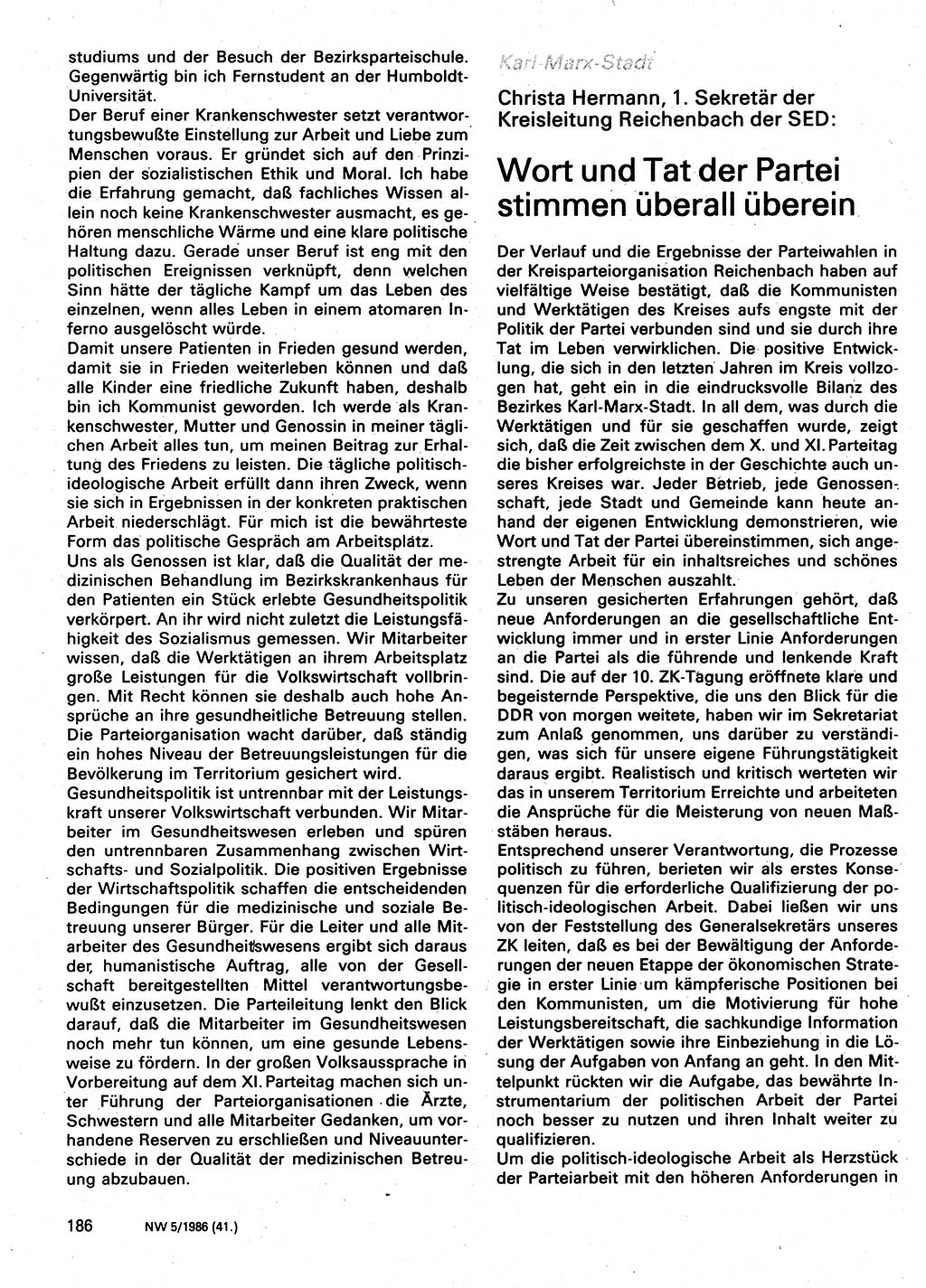 Neuer Weg (NW), Organ des Zentralkomitees (ZK) der SED (Sozialistische Einheitspartei Deutschlands) für Fragen des Parteilebens, 41. Jahrgang [Deutsche Demokratische Republik (DDR)] 1986, Seite 186 (NW ZK SED DDR 1986, S. 186)