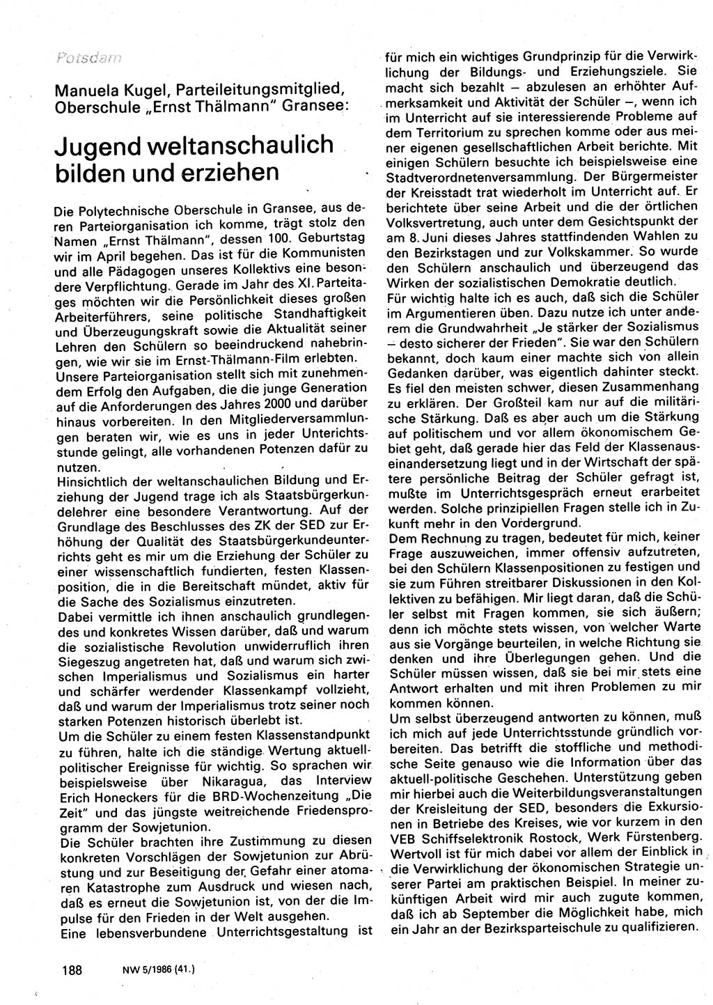 Neuer Weg (NW), Organ des Zentralkomitees (ZK) der SED (Sozialistische Einheitspartei Deutschlands) für Fragen des Parteilebens, 41. Jahrgang [Deutsche Demokratische Republik (DDR)] 1986, Seite 188 (NW ZK SED DDR 1986, S. 188)