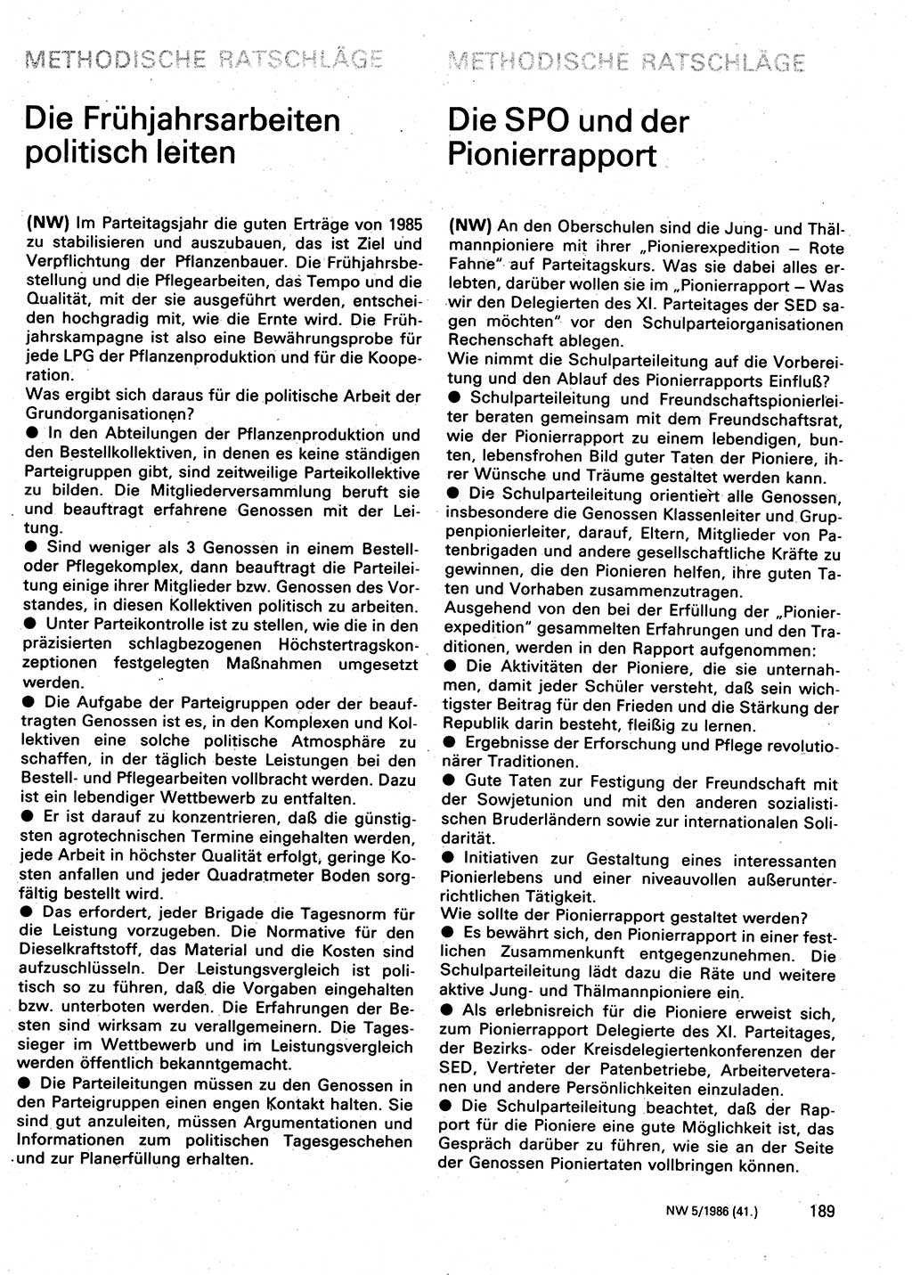 Neuer Weg (NW), Organ des Zentralkomitees (ZK) der SED (Sozialistische Einheitspartei Deutschlands) für Fragen des Parteilebens, 41. Jahrgang [Deutsche Demokratische Republik (DDR)] 1986, Seite 189 (NW ZK SED DDR 1986, S. 189)
