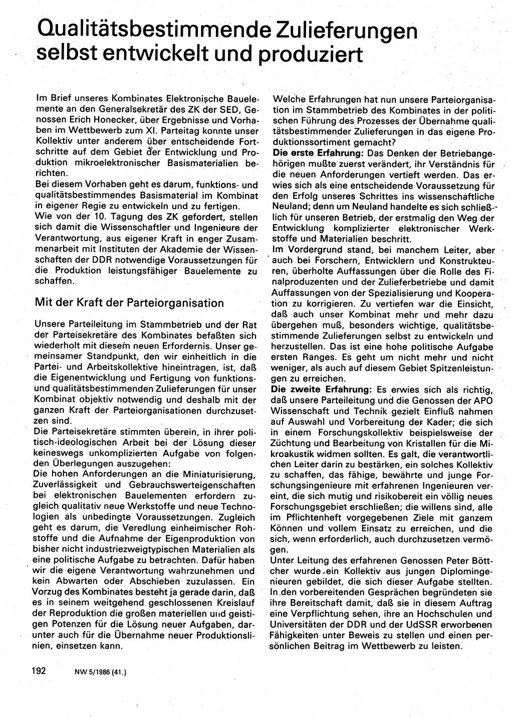 Neuer Weg (NW), Organ des Zentralkomitees (ZK) der SED (Sozialistische Einheitspartei Deutschlands) für Fragen des Parteilebens, 41. Jahrgang [Deutsche Demokratische Republik (DDR)] 1986, Seite 192 (NW ZK SED DDR 1986, S. 192)