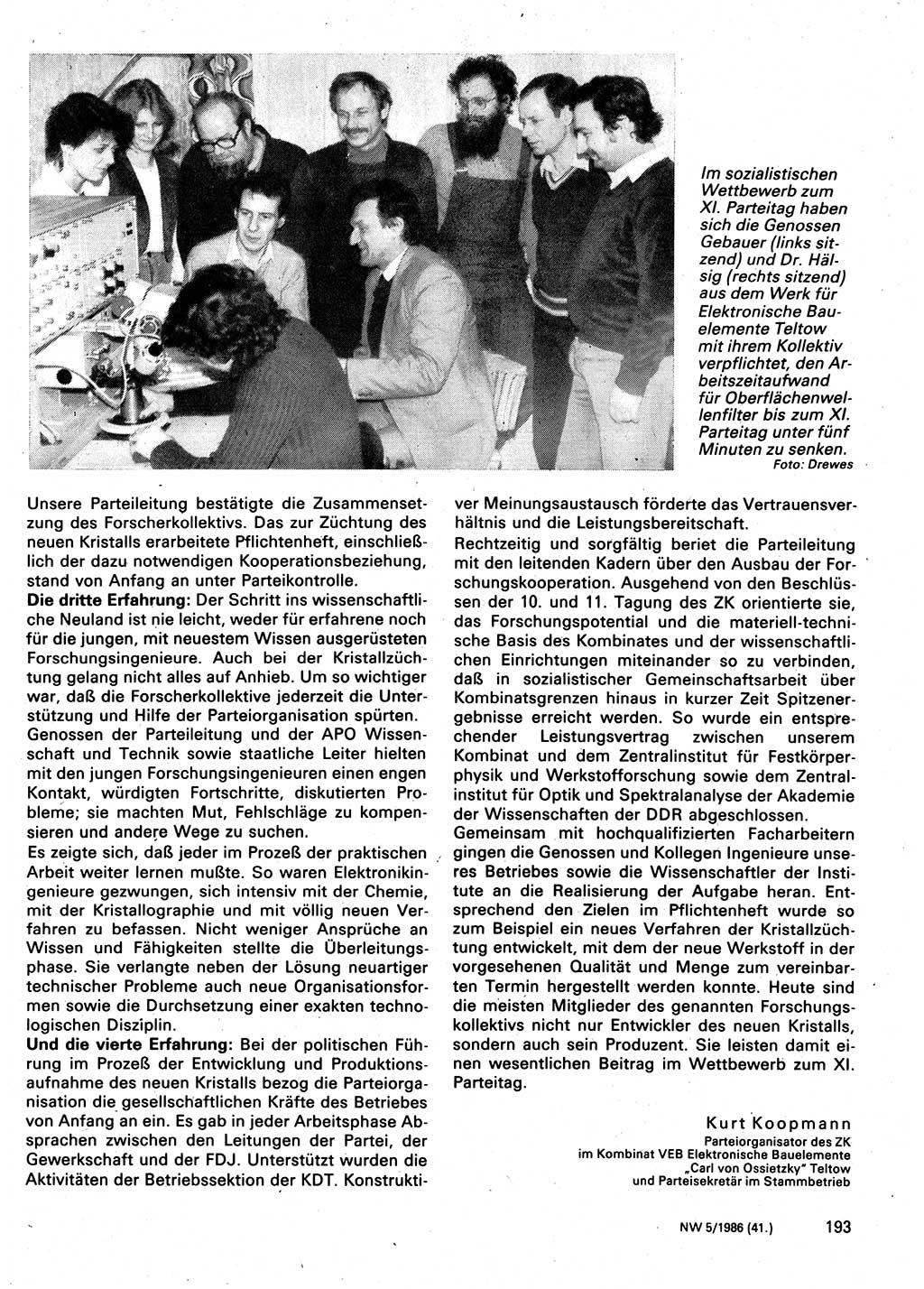Neuer Weg (NW), Organ des Zentralkomitees (ZK) der SED (Sozialistische Einheitspartei Deutschlands) für Fragen des Parteilebens, 41. Jahrgang [Deutsche Demokratische Republik (DDR)] 1986, Seite 193 (NW ZK SED DDR 1986, S. 193)