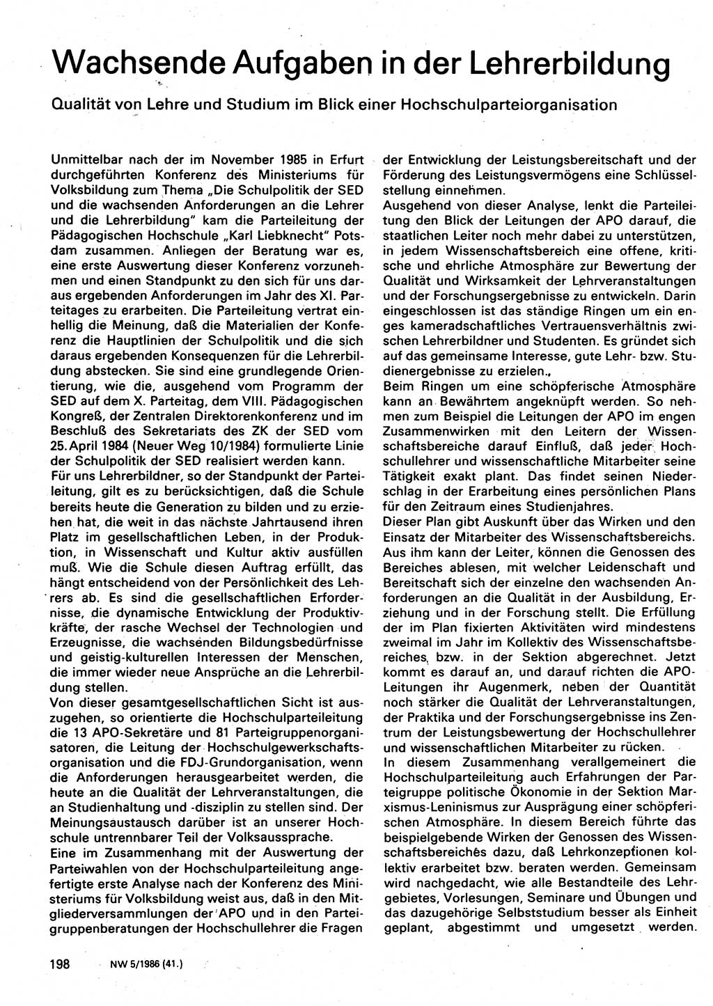 Neuer Weg (NW), Organ des Zentralkomitees (ZK) der SED (Sozialistische Einheitspartei Deutschlands) für Fragen des Parteilebens, 41. Jahrgang [Deutsche Demokratische Republik (DDR)] 1986, Seite 198 (NW ZK SED DDR 1986, S. 198)