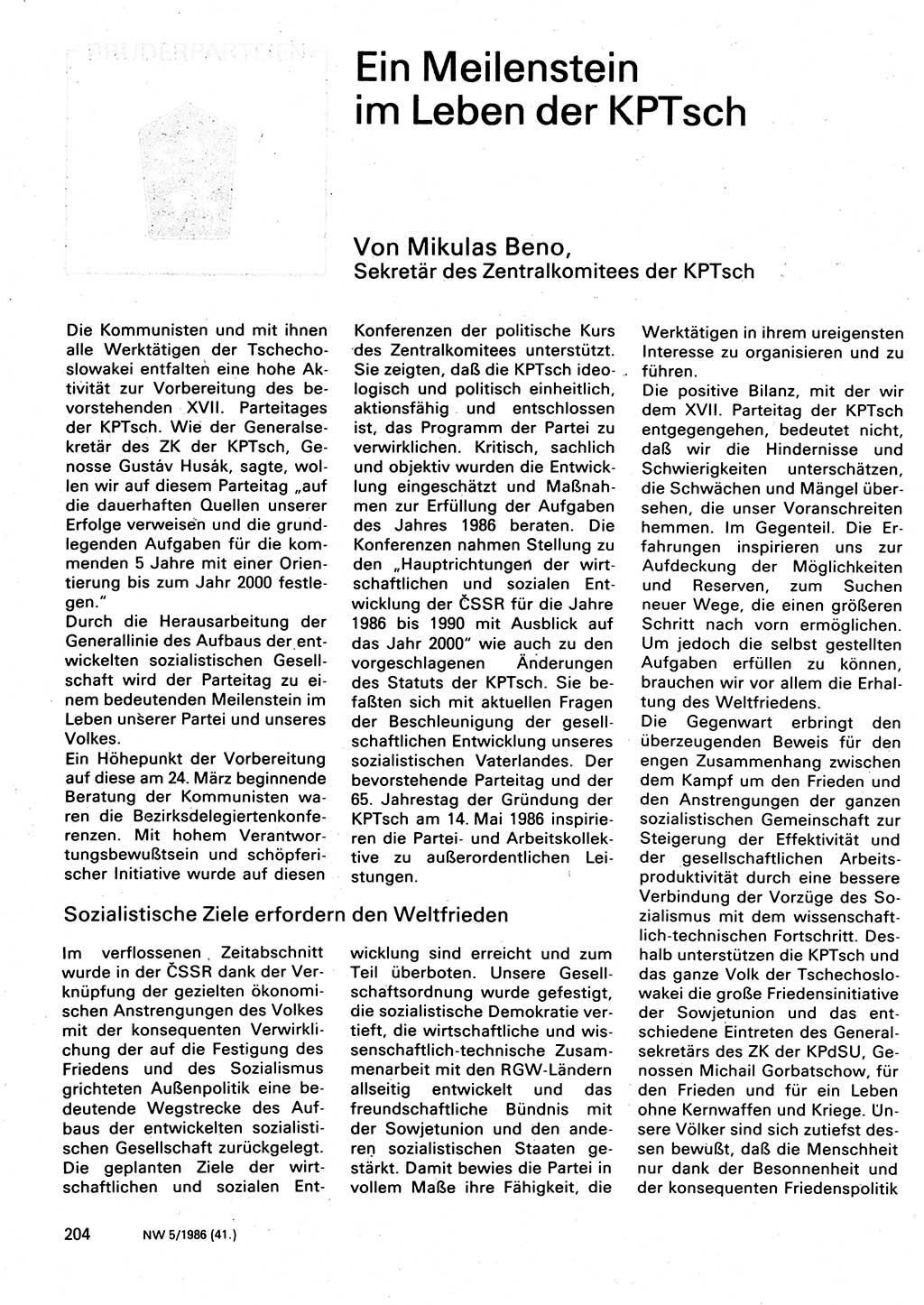 Neuer Weg (NW), Organ des Zentralkomitees (ZK) der SED (Sozialistische Einheitspartei Deutschlands) für Fragen des Parteilebens, 41. Jahrgang [Deutsche Demokratische Republik (DDR)] 1986, Seite 204 (NW ZK SED DDR 1986, S. 204)
