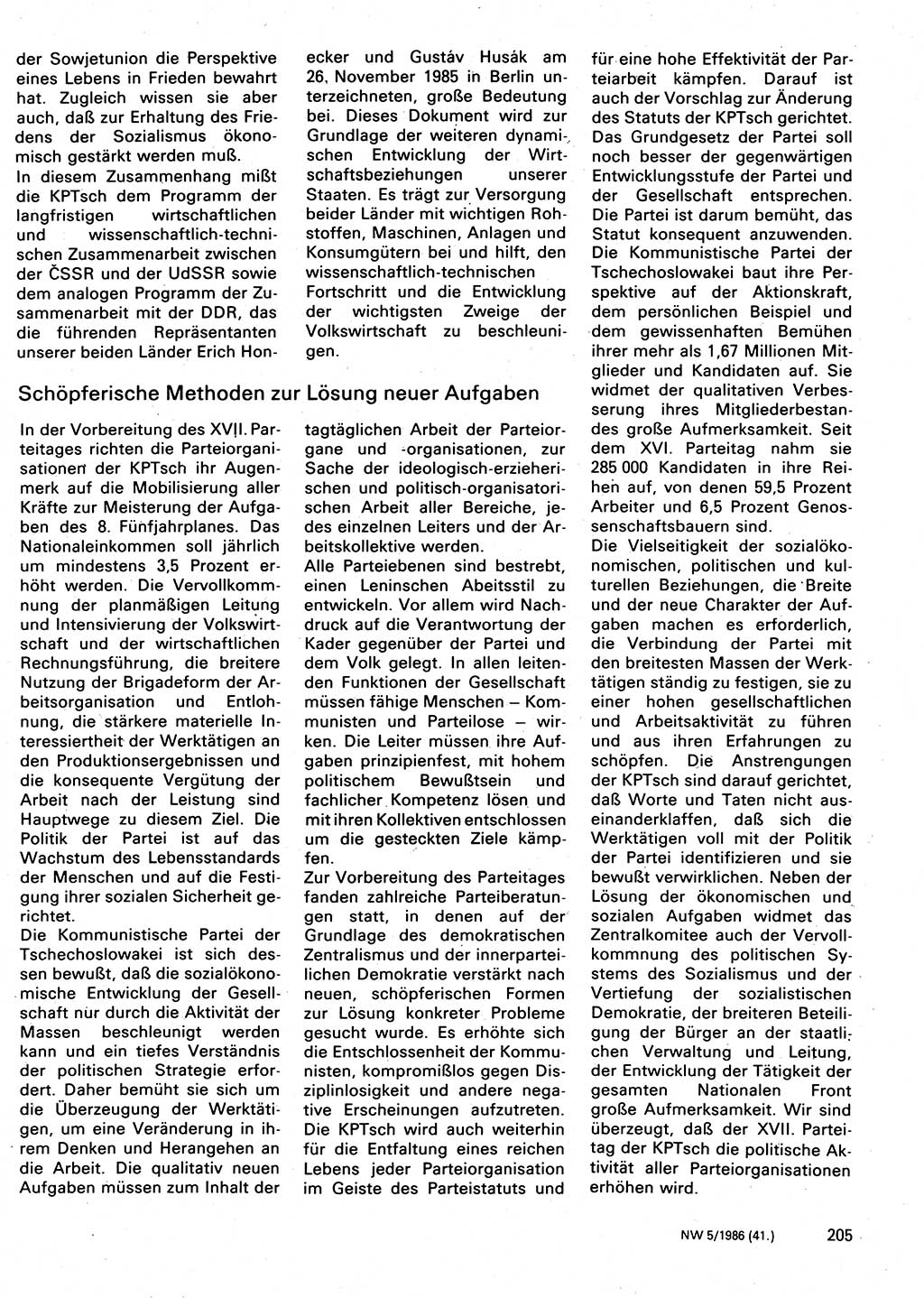Neuer Weg (NW), Organ des Zentralkomitees (ZK) der SED (Sozialistische Einheitspartei Deutschlands) für Fragen des Parteilebens, 41. Jahrgang [Deutsche Demokratische Republik (DDR)] 1986, Seite 205 (NW ZK SED DDR 1986, S. 205)