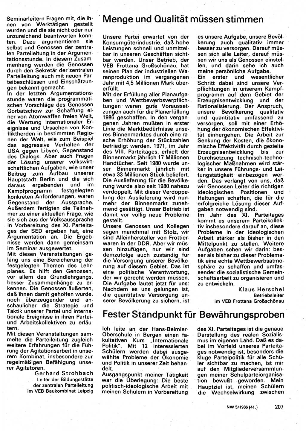 Neuer Weg (NW), Organ des Zentralkomitees (ZK) der SED (Sozialistische Einheitspartei Deutschlands) für Fragen des Parteilebens, 41. Jahrgang [Deutsche Demokratische Republik (DDR)] 1986, Seite 207 (NW ZK SED DDR 1986, S. 207)