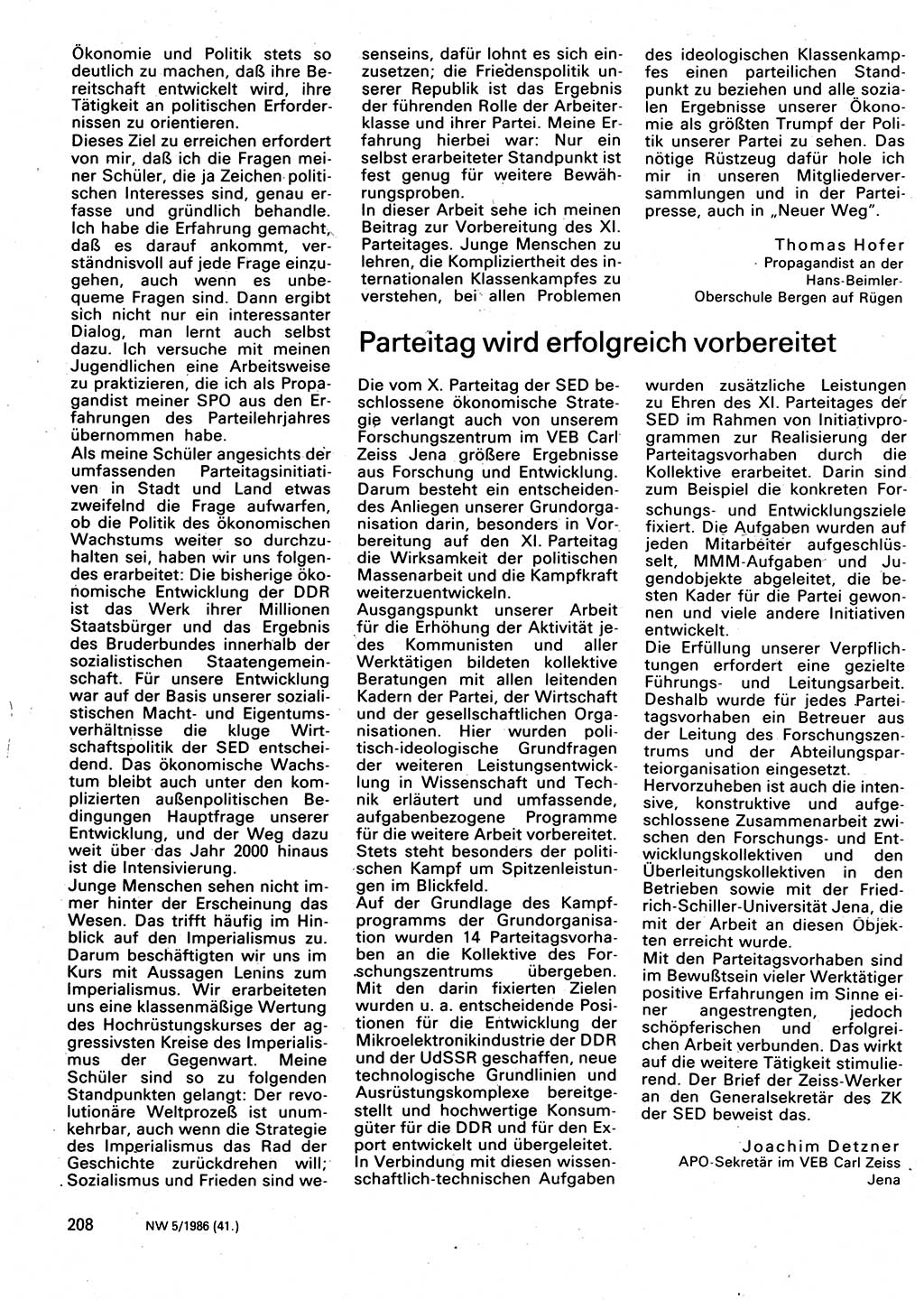 Neuer Weg (NW), Organ des Zentralkomitees (ZK) der SED (Sozialistische Einheitspartei Deutschlands) für Fragen des Parteilebens, 41. Jahrgang [Deutsche Demokratische Republik (DDR)] 1986, Seite 208 (NW ZK SED DDR 1986, S. 208)