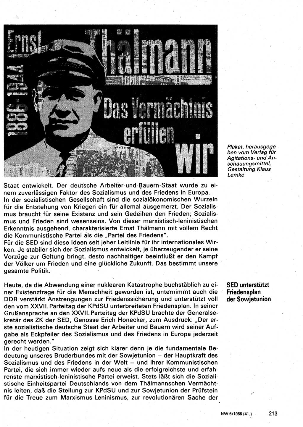 Neuer Weg (NW), Organ des Zentralkomitees (ZK) der SED (Sozialistische Einheitspartei Deutschlands) für Fragen des Parteilebens, 41. Jahrgang [Deutsche Demokratische Republik (DDR)] 1986, Seite 213 (NW ZK SED DDR 1986, S. 213)