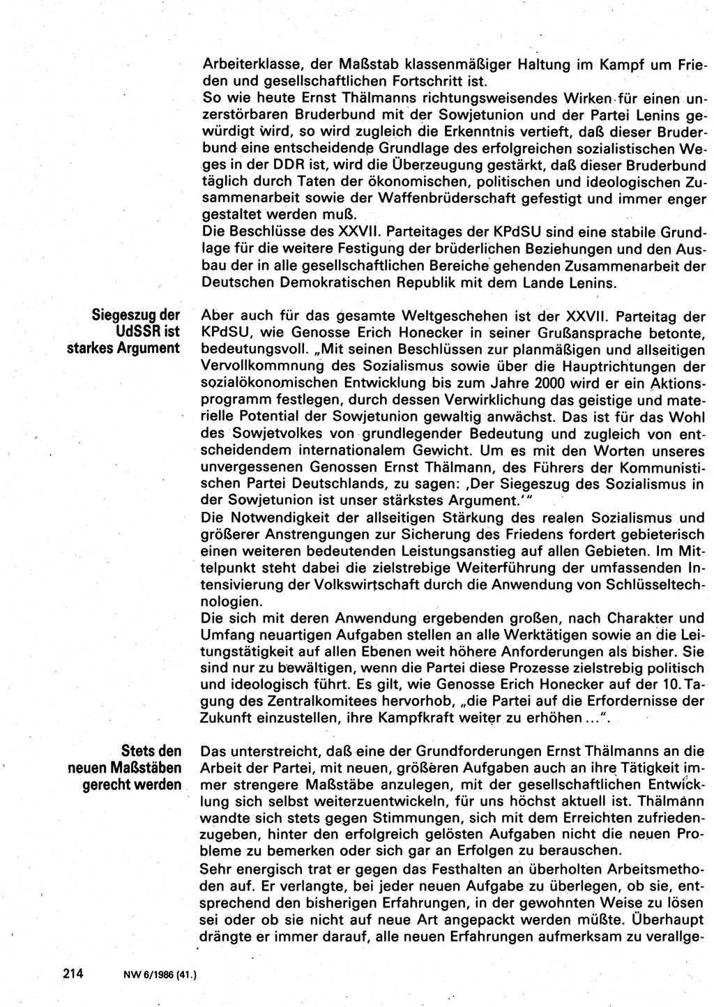 Neuer Weg (NW), Organ des Zentralkomitees (ZK) der SED (Sozialistische Einheitspartei Deutschlands) für Fragen des Parteilebens, 41. Jahrgang [Deutsche Demokratische Republik (DDR)] 1986, Seite 214 (NW ZK SED DDR 1986, S. 214)