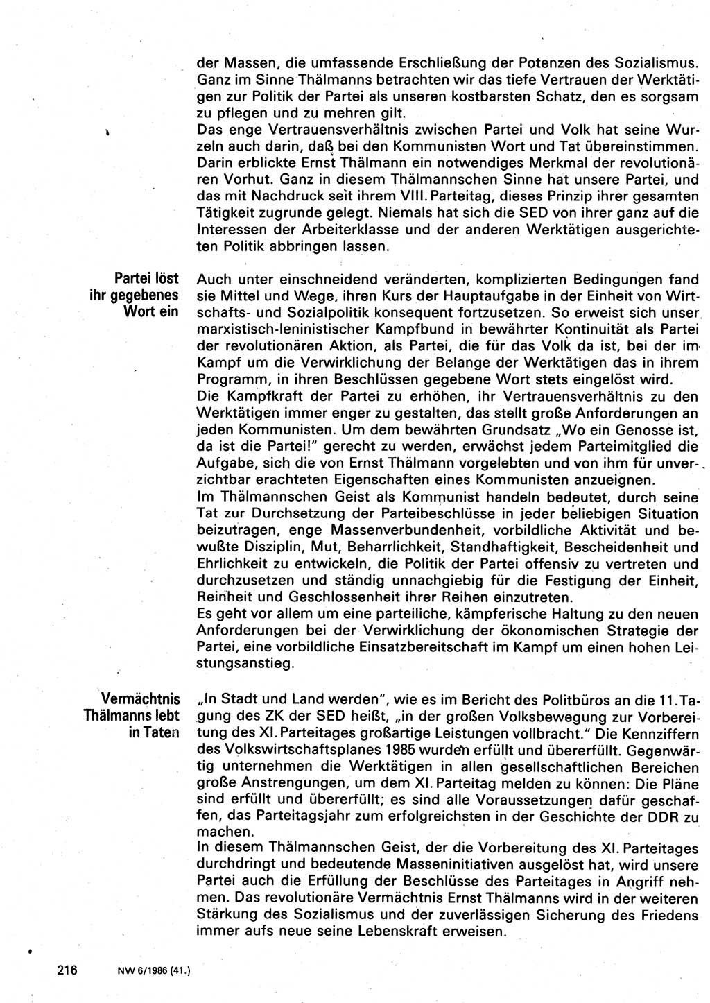 Neuer Weg (NW), Organ des Zentralkomitees (ZK) der SED (Sozialistische Einheitspartei Deutschlands) für Fragen des Parteilebens, 41. Jahrgang [Deutsche Demokratische Republik (DDR)] 1986, Seite 216 (NW ZK SED DDR 1986, S. 216)