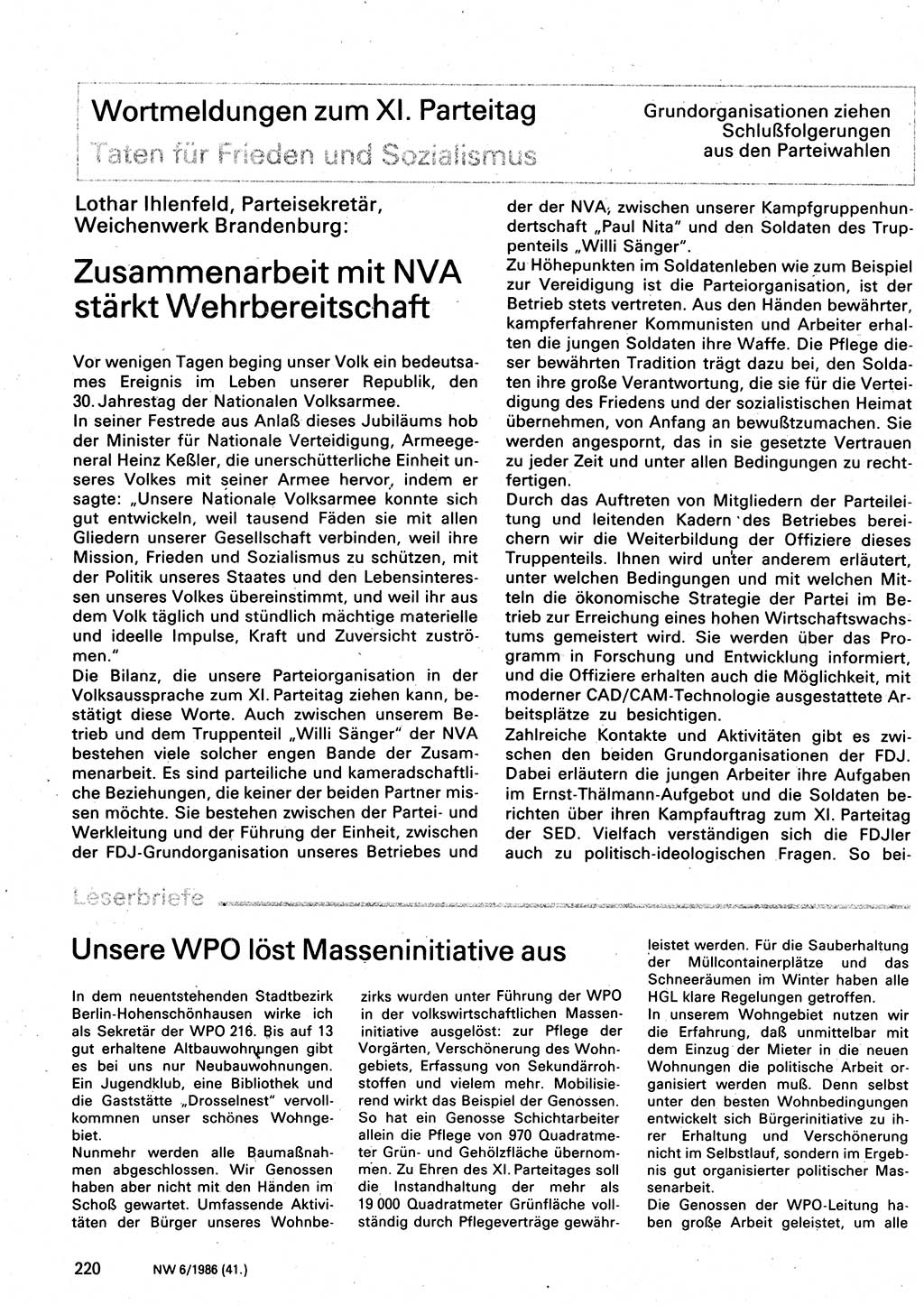 Neuer Weg (NW), Organ des Zentralkomitees (ZK) der SED (Sozialistische Einheitspartei Deutschlands) für Fragen des Parteilebens, 41. Jahrgang [Deutsche Demokratische Republik (DDR)] 1986, Seite 220 (NW ZK SED DDR 1986, S. 220)