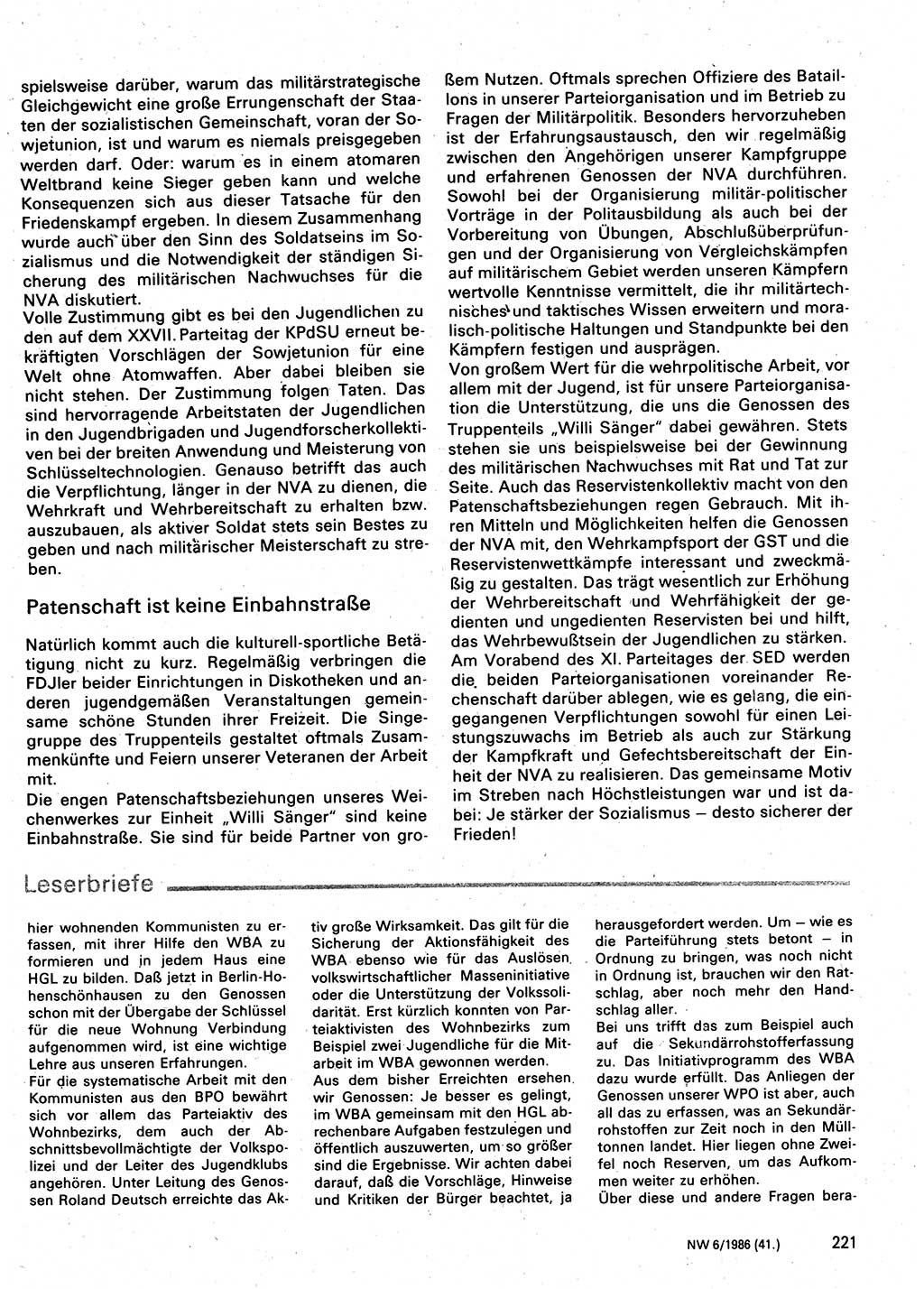 Neuer Weg (NW), Organ des Zentralkomitees (ZK) der SED (Sozialistische Einheitspartei Deutschlands) für Fragen des Parteilebens, 41. Jahrgang [Deutsche Demokratische Republik (DDR)] 1986, Seite 221 (NW ZK SED DDR 1986, S. 221)