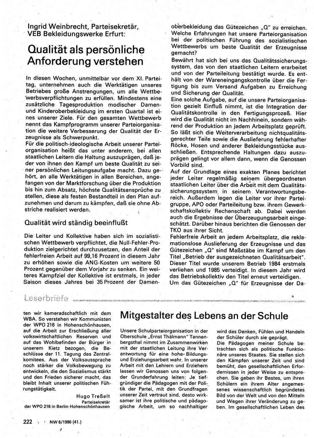 Neuer Weg (NW), Organ des Zentralkomitees (ZK) der SED (Sozialistische Einheitspartei Deutschlands) für Fragen des Parteilebens, 41. Jahrgang [Deutsche Demokratische Republik (DDR)] 1986, Seite 222 (NW ZK SED DDR 1986, S. 222)