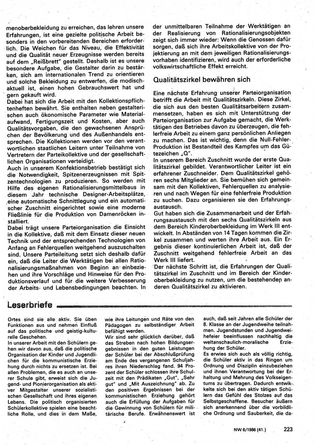 Neuer Weg (NW), Organ des Zentralkomitees (ZK) der SED (Sozialistische Einheitspartei Deutschlands) für Fragen des Parteilebens, 41. Jahrgang [Deutsche Demokratische Republik (DDR)] 1986, Seite 223 (NW ZK SED DDR 1986, S. 223)