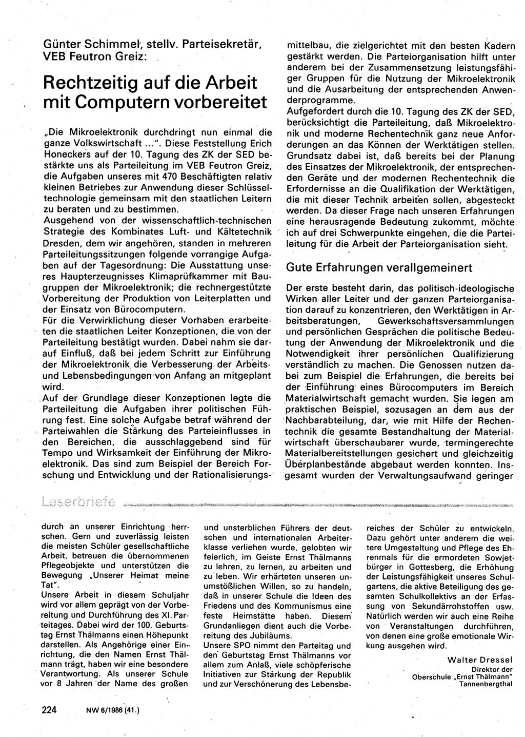 Neuer Weg (NW), Organ des Zentralkomitees (ZK) der SED (Sozialistische Einheitspartei Deutschlands) für Fragen des Parteilebens, 41. Jahrgang [Deutsche Demokratische Republik (DDR)] 1986, Seite 224 (NW ZK SED DDR 1986, S. 224)