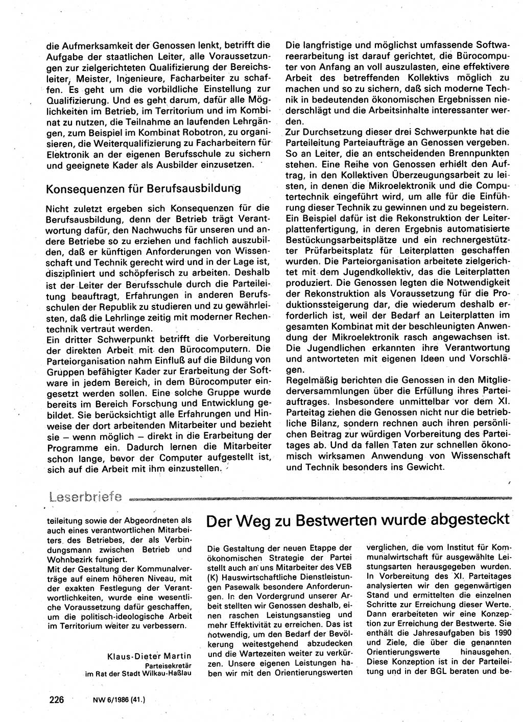 Neuer Weg (NW), Organ des Zentralkomitees (ZK) der SED (Sozialistische Einheitspartei Deutschlands) für Fragen des Parteilebens, 41. Jahrgang [Deutsche Demokratische Republik (DDR)] 1986, Seite 226 (NW ZK SED DDR 1986, S. 226)