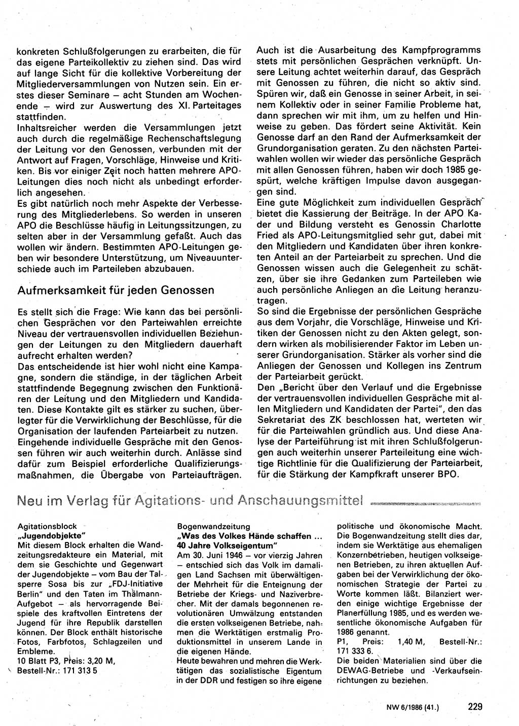Neuer Weg (NW), Organ des Zentralkomitees (ZK) der SED (Sozialistische Einheitspartei Deutschlands) für Fragen des Parteilebens, 41. Jahrgang [Deutsche Demokratische Republik (DDR)] 1986, Seite 229 (NW ZK SED DDR 1986, S. 229)