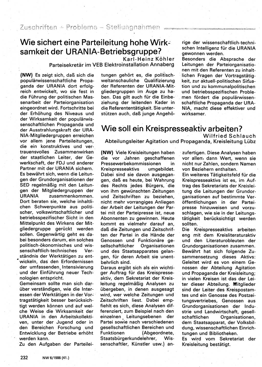Neuer Weg (NW), Organ des Zentralkomitees (ZK) der SED (Sozialistische Einheitspartei Deutschlands) für Fragen des Parteilebens, 41. Jahrgang [Deutsche Demokratische Republik (DDR)] 1986, Seite 232 (NW ZK SED DDR 1986, S. 232)