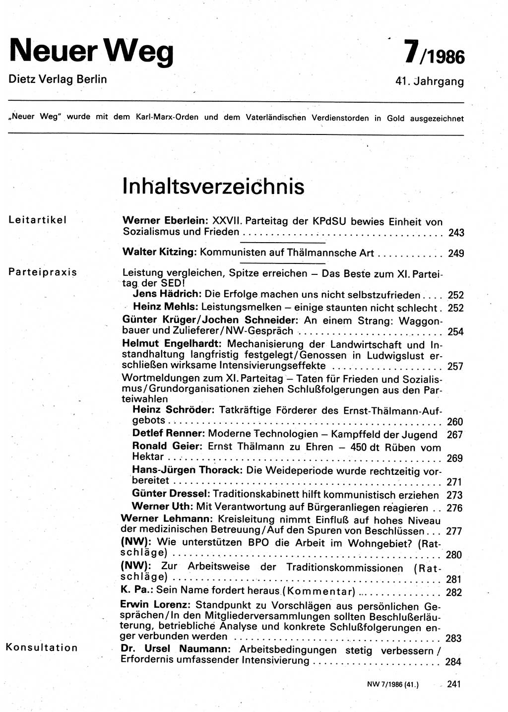 Neuer Weg (NW), Organ des Zentralkomitees (ZK) der SED (Sozialistische Einheitspartei Deutschlands) für Fragen des Parteilebens, 41. Jahrgang [Deutsche Demokratische Republik (DDR)] 1986, Seite 241 (NW ZK SED DDR 1986, S. 241)