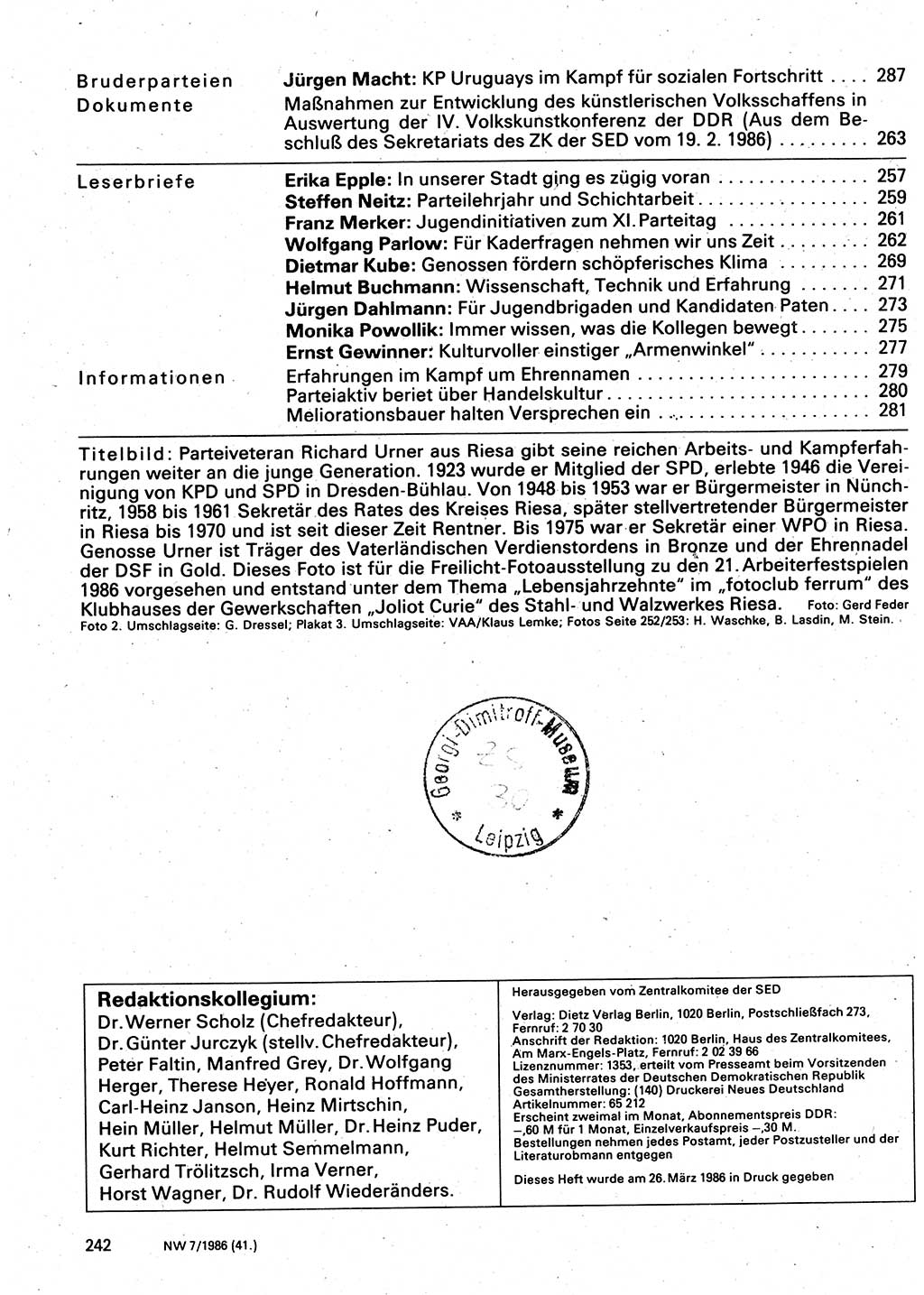 Neuer Weg (NW), Organ des Zentralkomitees (ZK) der SED (Sozialistische Einheitspartei Deutschlands) für Fragen des Parteilebens, 41. Jahrgang [Deutsche Demokratische Republik (DDR)] 1986, Seite 242 (NW ZK SED DDR 1986, S. 242)