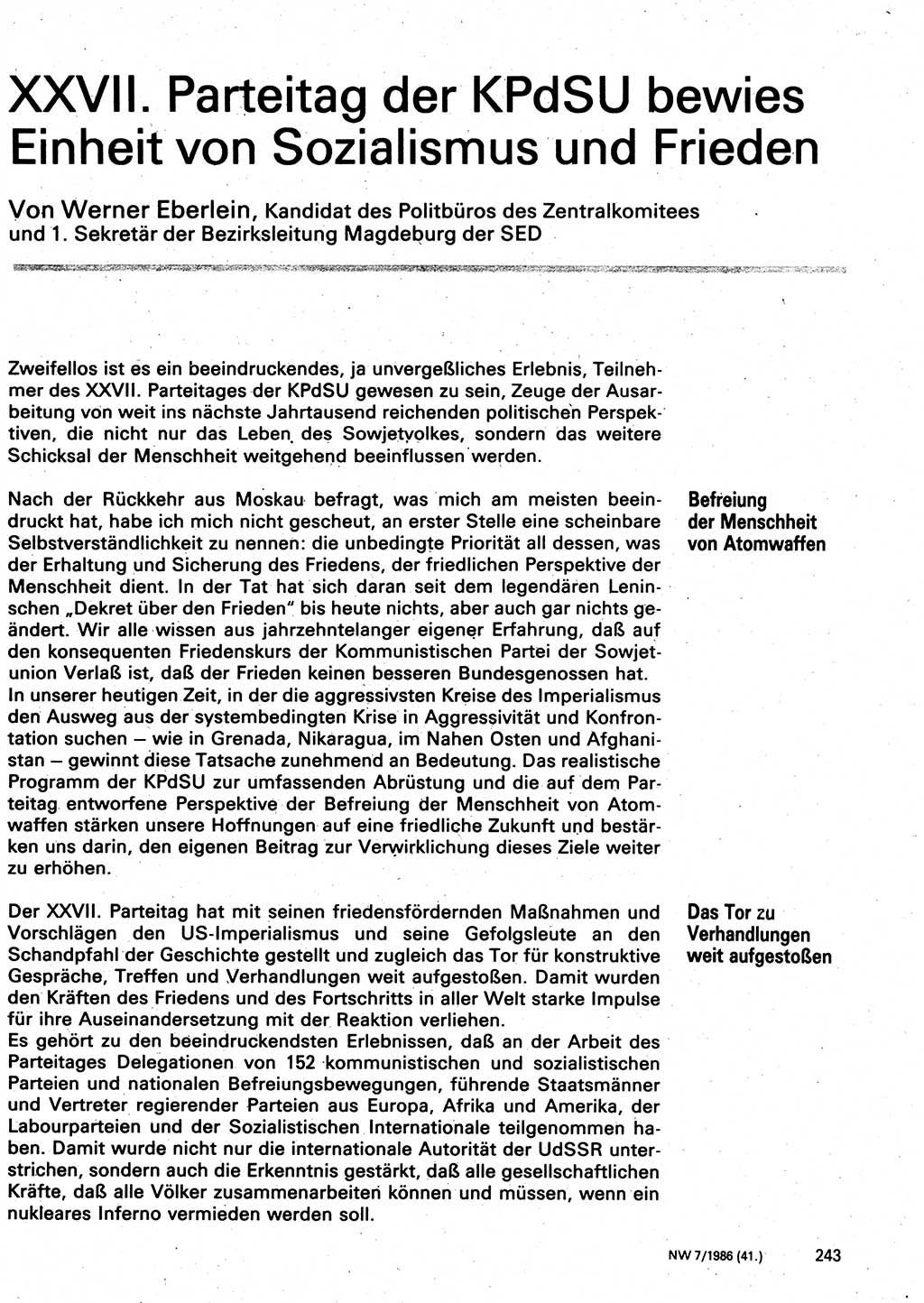 Neuer Weg (NW), Organ des Zentralkomitees (ZK) der SED (Sozialistische Einheitspartei Deutschlands) für Fragen des Parteilebens, 41. Jahrgang [Deutsche Demokratische Republik (DDR)] 1986, Seite 243 (NW ZK SED DDR 1986, S. 243)