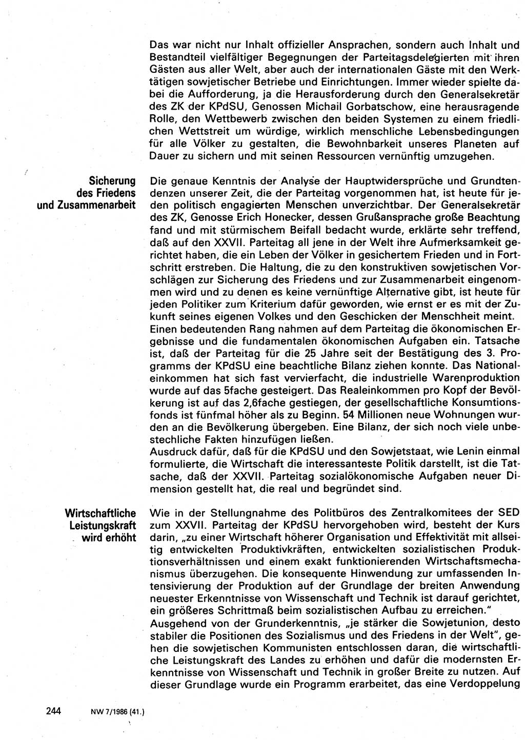 Neuer Weg (NW), Organ des Zentralkomitees (ZK) der SED (Sozialistische Einheitspartei Deutschlands) für Fragen des Parteilebens, 41. Jahrgang [Deutsche Demokratische Republik (DDR)] 1986, Seite 244 (NW ZK SED DDR 1986, S. 244)