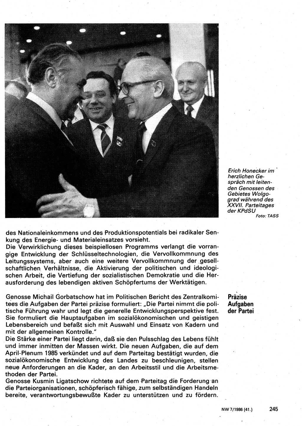 Neuer Weg (NW), Organ des Zentralkomitees (ZK) der SED (Sozialistische Einheitspartei Deutschlands) für Fragen des Parteilebens, 41. Jahrgang [Deutsche Demokratische Republik (DDR)] 1986, Seite 245 (NW ZK SED DDR 1986, S. 245)
