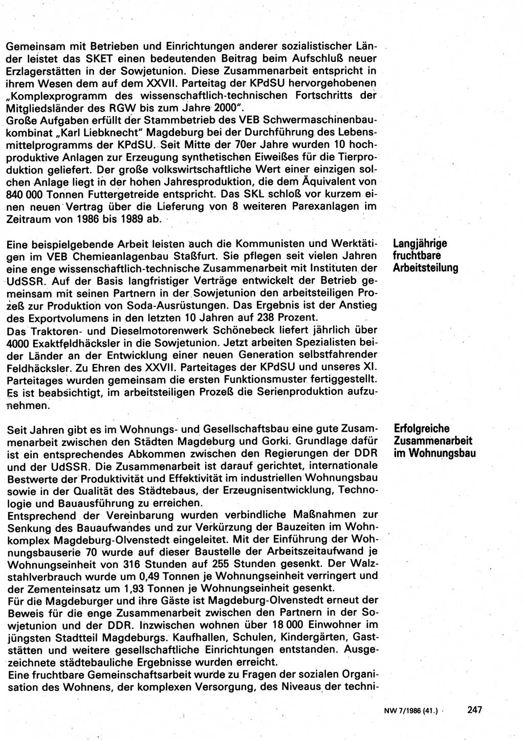 Neuer Weg (NW), Organ des Zentralkomitees (ZK) der SED (Sozialistische Einheitspartei Deutschlands) für Fragen des Parteilebens, 41. Jahrgang [Deutsche Demokratische Republik (DDR)] 1986, Seite 247 (NW ZK SED DDR 1986, S. 247)