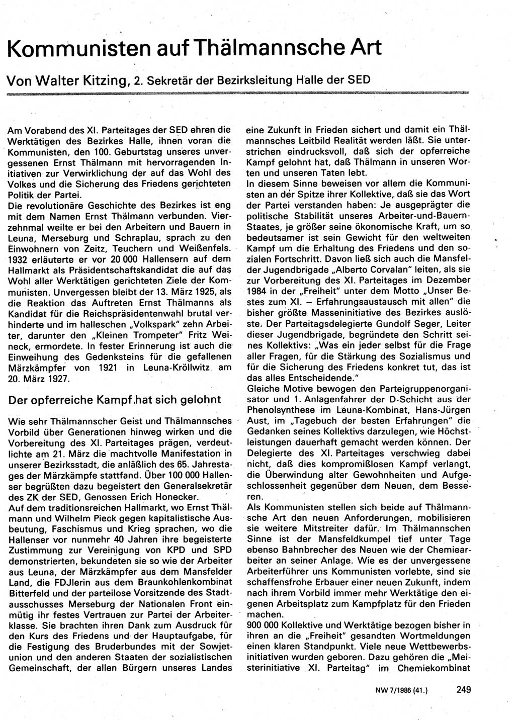Neuer Weg (NW), Organ des Zentralkomitees (ZK) der SED (Sozialistische Einheitspartei Deutschlands) für Fragen des Parteilebens, 41. Jahrgang [Deutsche Demokratische Republik (DDR)] 1986, Seite 249 (NW ZK SED DDR 1986, S. 249)