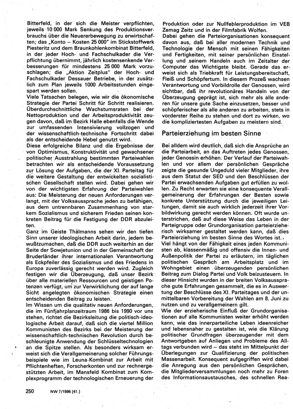 Neuer Weg (NW), Organ des Zentralkomitees (ZK) der SED (Sozialistische Einheitspartei Deutschlands) für Fragen des Parteilebens, 41. Jahrgang [Deutsche Demokratische Republik (DDR)] 1986, Seite 250 (NW ZK SED DDR 1986, S. 250)