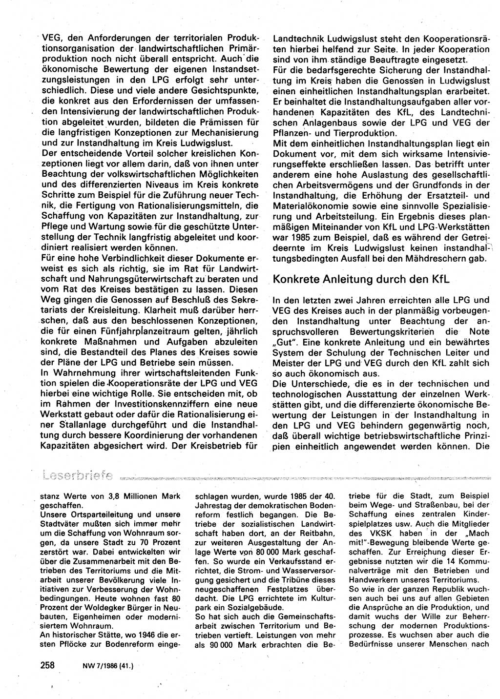 Neuer Weg (NW), Organ des Zentralkomitees (ZK) der SED (Sozialistische Einheitspartei Deutschlands) für Fragen des Parteilebens, 41. Jahrgang [Deutsche Demokratische Republik (DDR)] 1986, Seite 258 (NW ZK SED DDR 1986, S. 258)