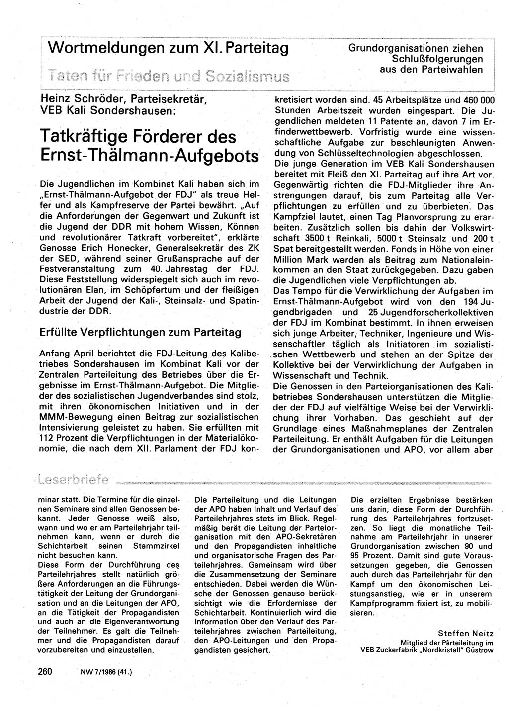 Neuer Weg (NW), Organ des Zentralkomitees (ZK) der SED (Sozialistische Einheitspartei Deutschlands) für Fragen des Parteilebens, 41. Jahrgang [Deutsche Demokratische Republik (DDR)] 1986, Seite 260 (NW ZK SED DDR 1986, S. 260)