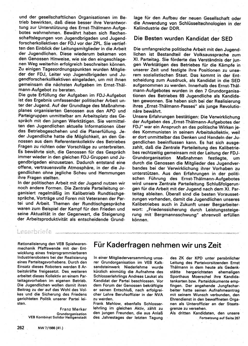 Neuer Weg (NW), Organ des Zentralkomitees (ZK) der SED (Sozialistische Einheitspartei Deutschlands) für Fragen des Parteilebens, 41. Jahrgang [Deutsche Demokratische Republik (DDR)] 1986, Seite 262 (NW ZK SED DDR 1986, S. 262)