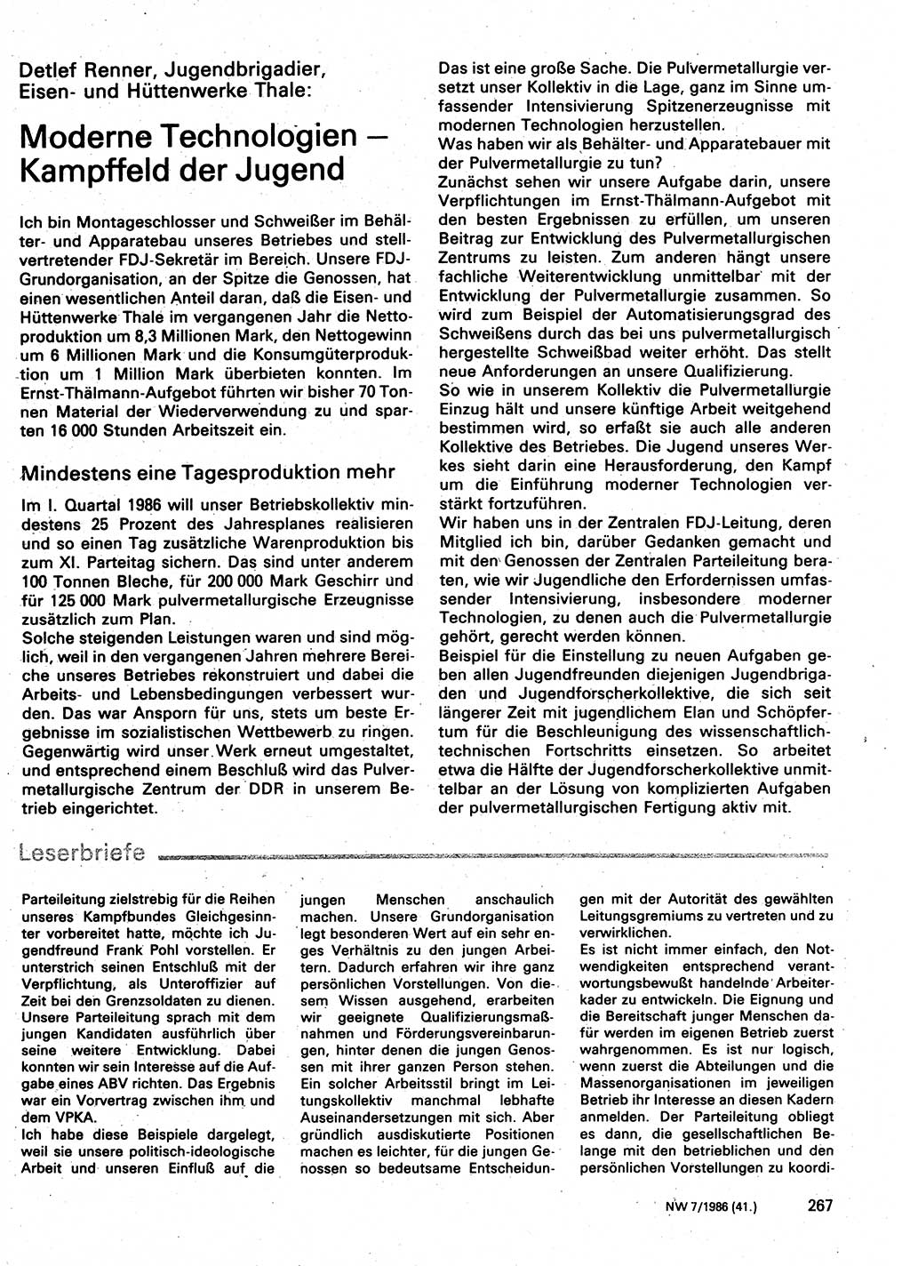 Neuer Weg (NW), Organ des Zentralkomitees (ZK) der SED (Sozialistische Einheitspartei Deutschlands) für Fragen des Parteilebens, 41. Jahrgang [Deutsche Demokratische Republik (DDR)] 1986, Seite 267 (NW ZK SED DDR 1986, S. 267)