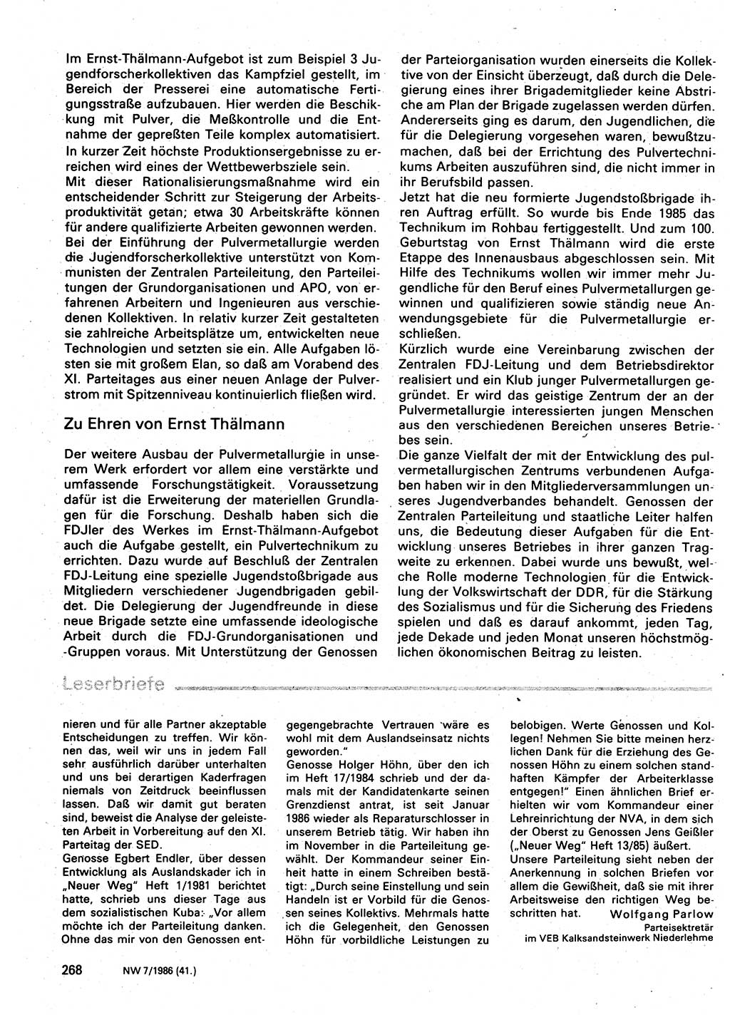 Neuer Weg (NW), Organ des Zentralkomitees (ZK) der SED (Sozialistische Einheitspartei Deutschlands) für Fragen des Parteilebens, 41. Jahrgang [Deutsche Demokratische Republik (DDR)] 1986, Seite 268 (NW ZK SED DDR 1986, S. 268)