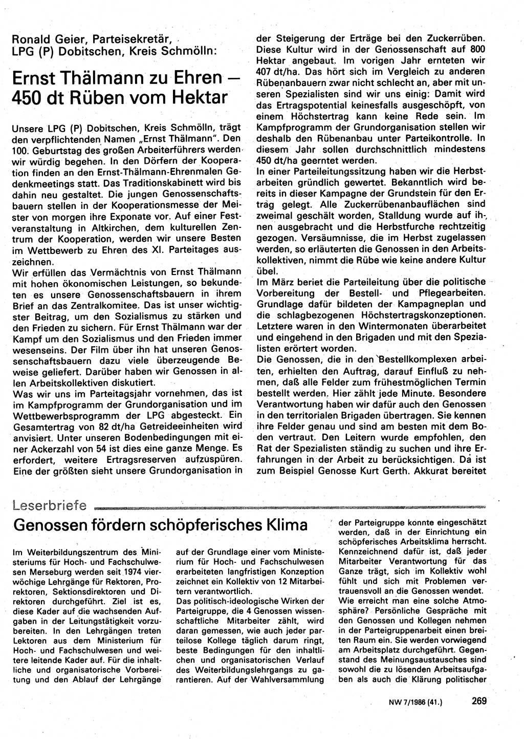 Neuer Weg (NW), Organ des Zentralkomitees (ZK) der SED (Sozialistische Einheitspartei Deutschlands) für Fragen des Parteilebens, 41. Jahrgang [Deutsche Demokratische Republik (DDR)] 1986, Seite 269 (NW ZK SED DDR 1986, S. 269)